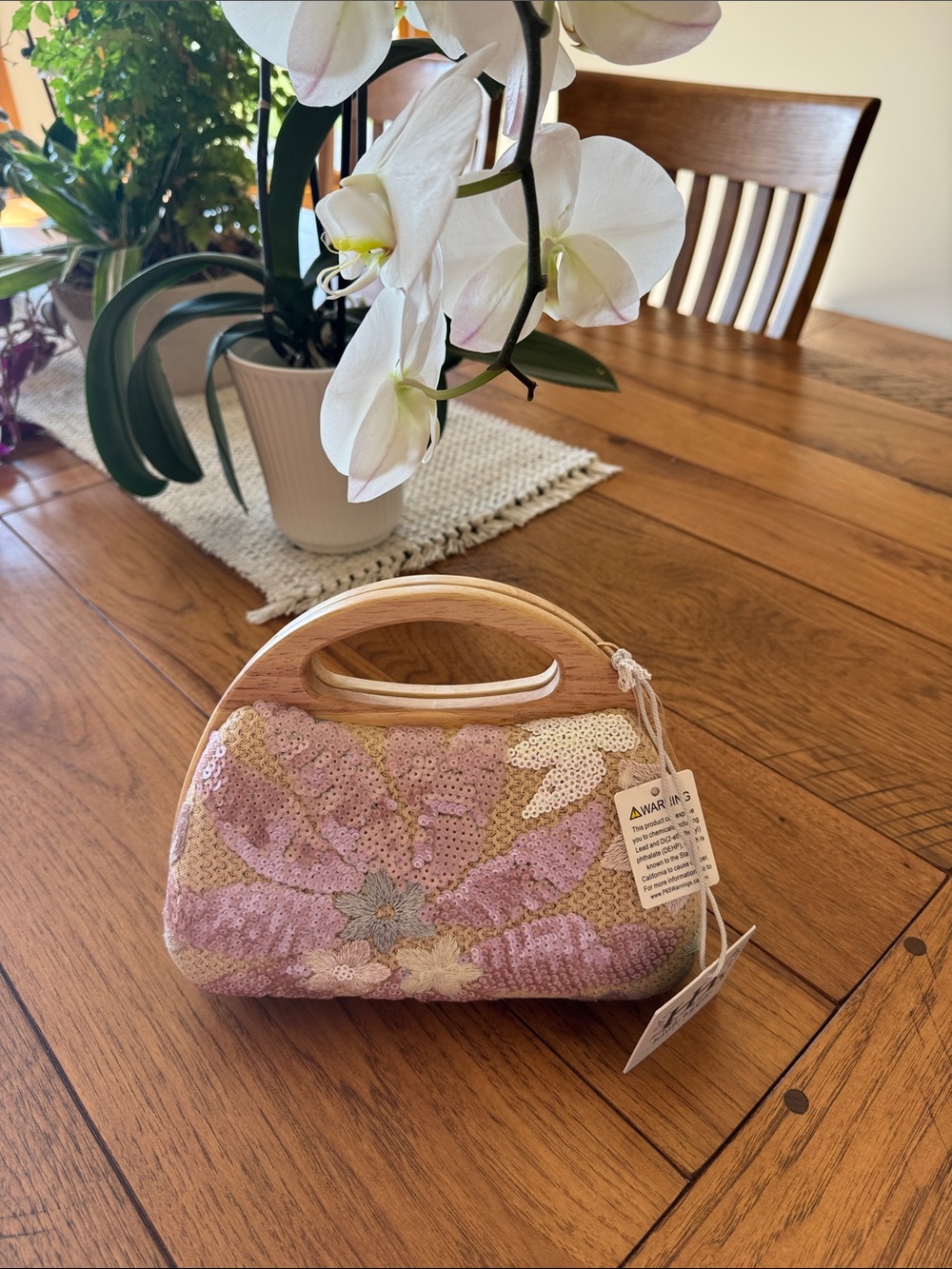Haute Hippie Pink and Cream Sequin Floral Wristlet with Wooden Handle